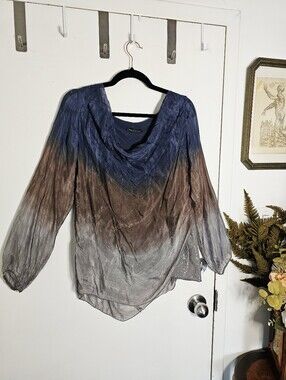 Y2K Silk Italian Ombre Tie Dye Sequin Long Sleeve Blouse Blue Brown Grey